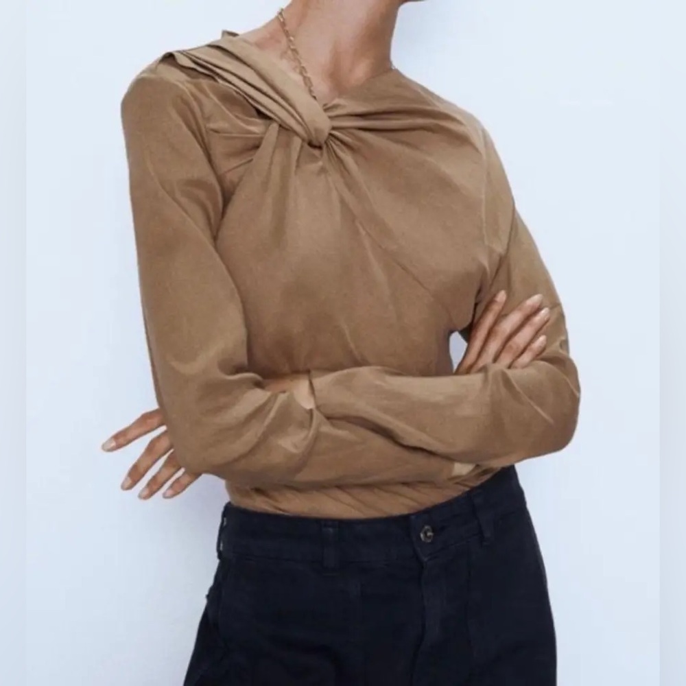 ZARA Long Sleeve Kaki Linen Blouse